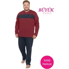 Guava Erkek Bordo Büyük Battal Beden Desenli 3 Düğmeli %100 Pamuk Mevsimlik Uzun Kol Cepli Pijama Takımı