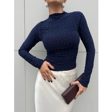 Minaaise Örme Kumaş Taşlı Bluz Lacivert