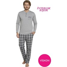 Alimer Erkek Gri Ekose Desen Likralı Pamuk Uzun Kol Kışlık İnterlok Göğüs Cepli Pijama Takımı