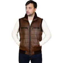 AsyaClub Derije Max Hakiki Deri Erkek Kahverengi Triko Detaylı Şişme Yelek