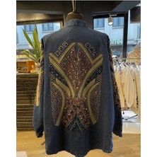 Dadali Kadın Taş Işlemeli Nakışlı Uzun Kollu Pamuk Kot Kimono