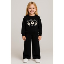 Zepkids Bisiklet Yaka Papatya Nakışlı Siyah Renk Kız Çocuk Eşofman Takım