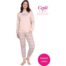 Guava Kadın Pudra Ekose Desen Düğmesiz Bilek Manşetli 2 İplik Pamuklu Cepli Kışlık Jogger Eşofman Pijama Takımı