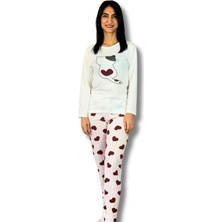 Yusgos Kadın Kedi Motifli Kalp Desenli Pijama Takımı (bordo-beyaz) Beyaz