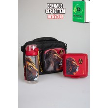 "dekomus Cep Defteri Hediyeli" Yeni Sezon Lisanslı Galatasaray Leon 3 Bölmeli Beslenme ÇANTASI,500 ml Matara ve Beslenme Kabı Seti