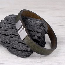 Takı925 Küf Yeşili 10 mm Kalınlığında Orjinal Erkek Deri Bileklik