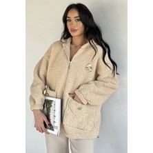 Gülseli Kadın Kapüşonlu Gold Toka Detaylı Çift Cepli Peluş Ceket P-00019687