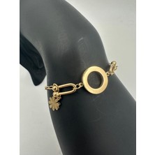 Stainless Steel Gold Renk Çiçek Detaylı Kilitli Kalın Zincir Çelik Bileklik