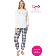 Guava Kadın Beyaz Ekose Desen Bisiklet Yaka Bilek Manşet 2 İplik Cepli Kışlık Jogger Eşofman Pijama Takımı Homewear