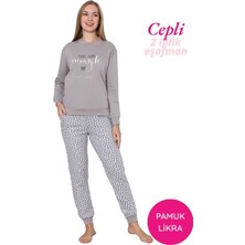 Guava Kadın Gri Kalp Desen Bisiklet Yaka Bilek Manşet 2 İplik Cepli Kışlık Jogger Eşofman Pijama Takımı Homewear
