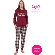 Guava Kadın Bordo Ekose Desen Bisiklet Yaka Bilek Manşet 2 İplik Cepli Kışlık Jogger Eşofman Pijama Takımı Homewear