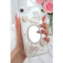 Apple iPhone 16E Kılıf 3D Kelebek Gül Desenli Aynalı Simli Şeffaf Tasarımlı Silikon Kapak