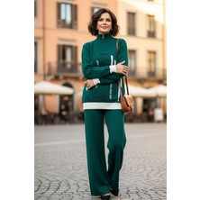 Yusgos Kadın Dik Çizgi Desenli Fermuarlı Yaka Alt Üst Triko Takım