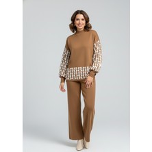 Yusgos Kadın Geometrik Desenli Alt Üst Pantolon Kazak Triko Takım