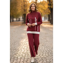 Yusgos Kadın Dik Çizgi Desenli Fermuarlı Yaka Alt Üst Triko Takım