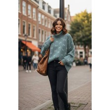 Yusgos Kadın Yarım Balıkçı Yaka Balon Kol Oversize Yüksek Kaliteli Kışlı