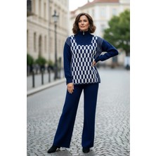 Yusgos Kadın Geometrik Desenli Fermuarlı Yaka Alt Üst Pantolon Kazak Tri