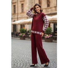 Yusgos Kadın Yonca Desenli Alt Üst Pantolon Kazak Triko Takım