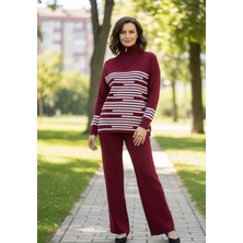 Yusgos Kadın Çizgi Detaylı Alt Üst Pantolon Kazak Triko Takım