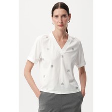 Allyco Taş İşlemeli V Yaka Örme Tişört