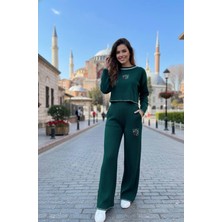 Yusgos Kadın Bisiklet Yaka Desenli Crop Kazak Pantolon Triko Alt-üst Tak