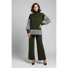 Yusgos Kadın Geometrik Desenli Alt Üst Pantolon Kazak Triko Takım