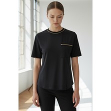 Allyco Bisiklet Yaka Şerit Detaylı Cepli Regular Örme Beyaz Tişört