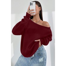 Ghassy Co. Kadın Kayık Yaka %100 Cotton 3 Iplik Şardonlu Termal Kışlık Spor Üst Model Sweatshirt
