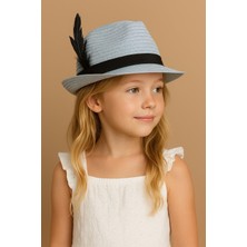 Çocuk Tüy Aksesuarlı Hasır Fötr Şapka Açık Mavi