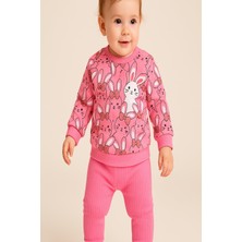 Dinamik çocuk Kız Bebek Ikili Takım Tavşan Rapor Baskılı Ribanalı Sweatshirt ve Alt-Mevsimlik 3-6-9-12AY