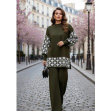 Yusgos Kadın Kalp Desenli Alt Üst Pantolon Kazak Triko Takım