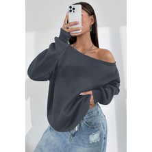 Ghassy Co. Kadın Kayık Yaka %100 Cotton 3 Iplik Şardonlu Termal Kışlık Spor Üst Model Sweatshirt