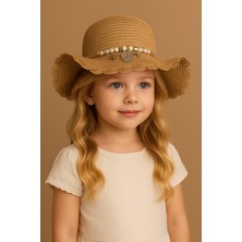 Kız Çocuk Boncuk Aksesuarlı Hasır Şapka Bej