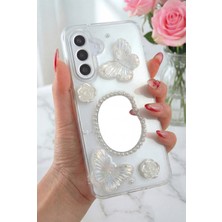Samsung Galaxy A55 Kılıf 3D Kelebek Gül Desenli Aynalı Simli Şeffaf Tasarımlı Silikon Kapak