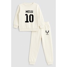 Shain Futbolcu Lionel Messi Baskılı Bisiklet Yaka Ekru Çocuk Eşofman Alt Üst Takım