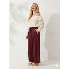 Ribana Classic Cepte Düğme Detaylı Beli Lastikli Geniş Kesim Kloş Double Krep Kumaş Pantolon Etek -31010