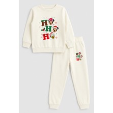 Shain Mickey Mouse Yılbaşı Noel Baba Christmas Baskılı Bisiklet Yaka Ekru Çocuk Eşofman Alt Üst Takım