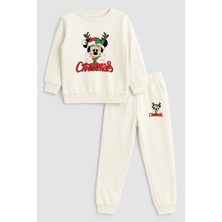 Shain Mickey Mouse Yılbaşı Noel Baba Christmas Baskılı Bisiklet Yaka Ekru Çocuk Eşofman Alt Üst Takım