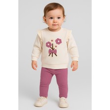 Dinamik çocuk Kız Bebek Süzene Papatyalı Fiyonklu 2li Alt Üst Takım - Fitilli 2iplik Mevsimlik 3-6-9-12AY