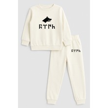 Shain Türk Bozkurt Kurt Göktürkçe Yazılı Baskılı Bisiklet Yaka Ekru Çocuk Eşofman Alt Üst Takım