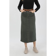 Vellichor Doğal Kumaşlı Kemerli Kot Etek Yeşil