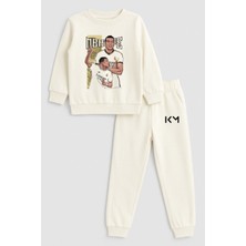 Shain Futbolcu Mbappe Baskılı Bisiklet Yaka Ekru Çocuk Eşofman Alt Üst Takım