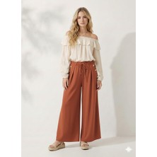 Ribana Classic Cepte Düğme Detaylı Beli Lastikli Geniş Kesim Kloş Double Krep Kumaş Pantolon Etek -31010