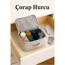 Yellow Stary Home Decor Çorap Hurcu Gri Çizgili Kumaş Organizer Fermuarlı Saklama Hurcu Çekmece Içi Düzenleyici 27X24X17 cm