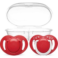 Mamajoo Ortodontik Emzik Seti 0 Ay+ Kırmızı & Beyaz | İkili, Silikon, Damaklı | Sterilizasyon & Saklama Kabı Hediyeli