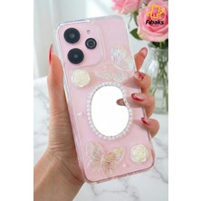 Xiaomi Redmi 13 4g Kılıf 3D Kelebek Gül Desenli Aynalı Simli Şeffaf Tasarımlı Silikon Kapak