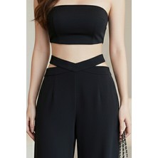 BS Hood x Nurbeli Kadın Yüksek Bel Gizli Fermuar Kapama Siyah Palazzo Pantolon