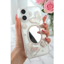 Apple iPhone 16 Plus Kılıf 3D Kelebek Gül Desenli Aynalı Simli Şeffaf Tasarımlı Silikon Kapak