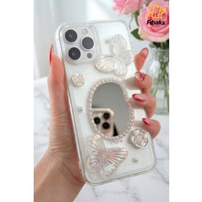 Apple iPhone 11 Pro Max Kılıf 3D Kelebek Gül Desenli Aynalı Simli Şeffaf Tasarımlı Silikon Kapak