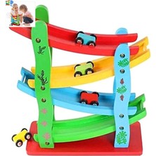 Özbience Eğlenceli Ahşap 4 Arabalı Kaydıraklı Araba Yolu Oyunu